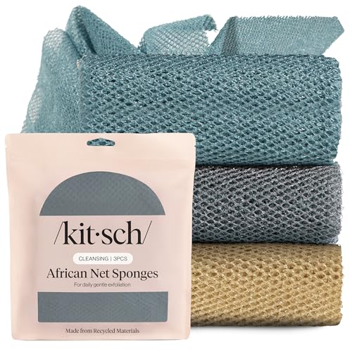 Kitsch African Net Sponge Exfoliating Body Scrubber for Cleansing & Gentle Daily Exfoliation Stretchable Bath Sponge for Hard-to-Reach Areas Long-Lasting Shower Essential - Aqua Grey 3 Pcs
