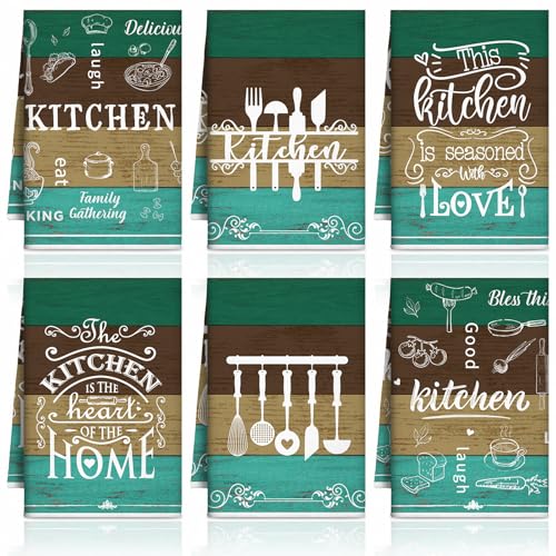 Image of Bencailor 6 Pcs Green Farmhouse Kitchen Towels Decorative Sets Dish Towels Absorbent Fast Drying Hand Tea Vintage Hanging Reusable Cleaning Dishcloths for Cooking Farmhouse Bathroom Accessory