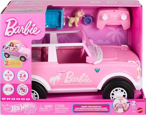 Image of Hot Wheels RC Barbie Ford Bronco Remote-Control Toy Car, RC Vehicle with Puppy Accessory, Dog Bed & Bowl, Plus Stickers for Customization, Fits 2 Dolls