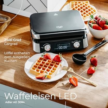 ADLER EUROPE Waffeleisen Belgische Waffel – Doppelwaffeleisen mit LCD Display – 2400W Waffelautomat für Butterwaffeln & Schokoladenwaffeln – 5 Programme, 7 Bräunungsstufen – Tief-Heizplatten 12x13x2cm – Bild 8