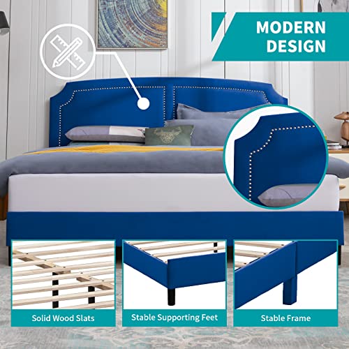Balus Velvet Upholstered Bed Frame, California King Size Platform Bed Frame With Nailhead Trim Adjustable Headboard, No Box Spring Needed/Wood Slat Support/Easy Assembly (Navy Blue) #TOP2
