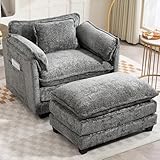 KEIKI Leather Accent Chair with Storage & Ottoman, Oversized Reading Arm Chair w/Double Cushion, Modern Side Deep Seating Chairs Set, Corner Comfy Lounge Armchair for Living Room, Bedroom, Dark Grey