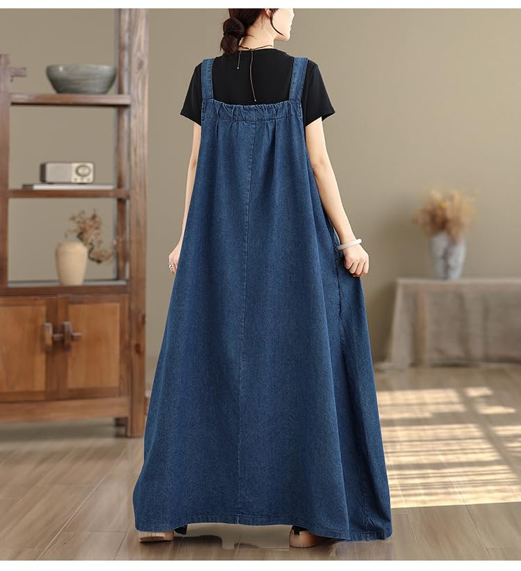 Image of Boho Jumper Dress for Women Loose Overall Pinafore Dresses Adjustable Straps Wide Hemline with Pockets Baggy Style