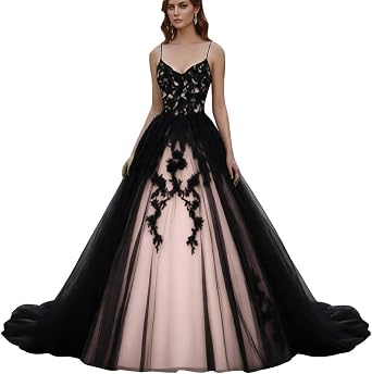 V Neck Black Gothic Prom Wedding Dress with Spaghetti Straps Long Ball Gown Tulle Corset Quinceanera Sweet 15 Dress