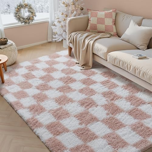 Image of PureCozy Checkered Rug 5x8 for Living Room, Pink and White Modern Shag Rugs Super Soft Washable Indoor Office Fuzzy Carpet Non-Slip Fluffy Rugs for Bedroom Home Aesthetic Decor