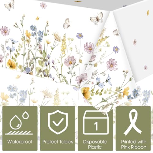 Image of Ganeen 3 Pcs Floral Tablecloth Wildflower Butterfly Disposable Plastic Tablecloth Rectangle Table Covers for Summer Spring Holiday Weeding Birthday Tea Party Supplies and Decoration, 54 x 108 Inch