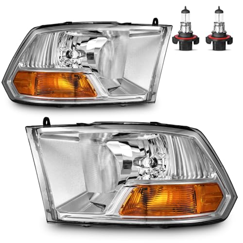 ROADEAL Headlights W/Bulbs for 2009-2012 Dodge Ram 1500, for 2010-2012 Dodge Ram 2500 3500 (Does NOT fit Quad Beam Headlight Models and factory projector LED style)