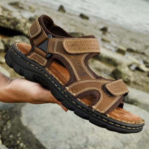 Image of Arkbird Men's Sandals, Premium Leather and Non-slip Rubber Soles Comfortable with Arch Support Outdoor Hiking Sport Summer Shoes Khaki 10