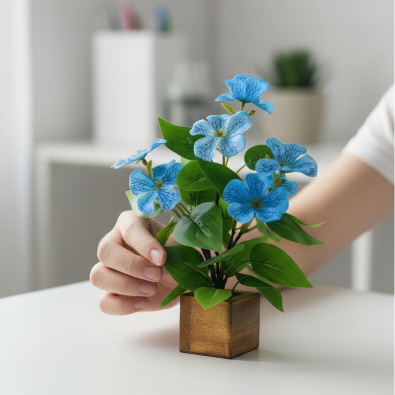 Image of fancymart Artificial Flower Plant Set of 2 with Wooden Pot - 23 cm Height | Real-Touch Faux Floral Decor for Home, Office, Living Room, Bedroom, Desk & Gift Purpose