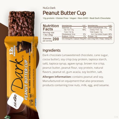 Image of NuGo Dark, Peanut Butter Cup, 12g Vegan Protein Bar, Gluten Free, 24 Count