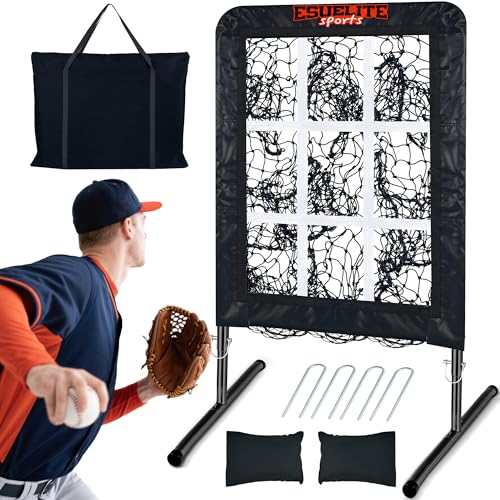 Image of 9 Hole Pitching Net with Strike Zone, Baseball Softball Pitching Target - Adjustable Height Portable Indoor Outdoor Training Equipment for Pitchers of All Levels, Coaches, and Players