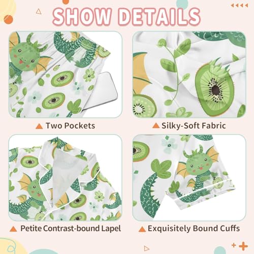 senya Cute Kiwi Dinosaurs Satin Summer Pajama Sets Silk Short Sleeve Button Down Sleepwear3
