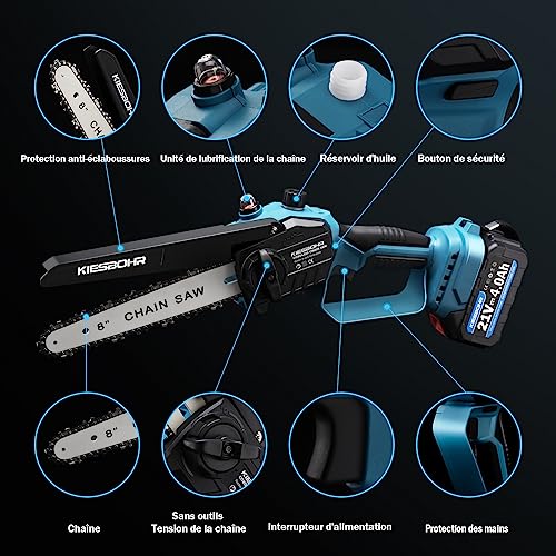 kiesbohr tronçonneuse sans balais 8 pouces avec lubrification améliorée de la chaîne, compatible avec la batterie makita 18v(sans batterie ni chargeur)