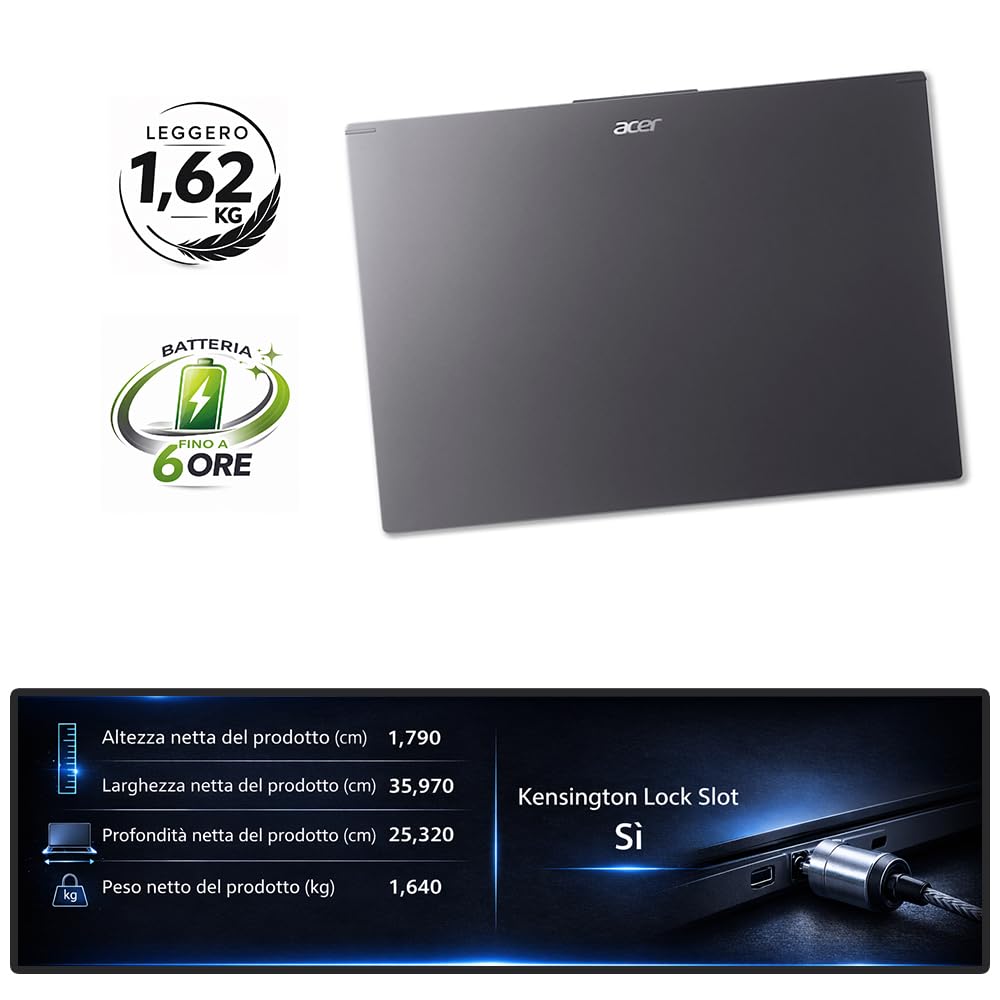 Acer Notebook, Display 16" OLED WUXGA+ 120Hz, Intel Ultra7 155U 32Gb DDR5 | DDR5 RAM 32Gb, SSD PCI 512Gb, Thunderbolt 40Gb/s, Tastiera retroilluminata Italiana, Fingerprint, Pronto all'Uso