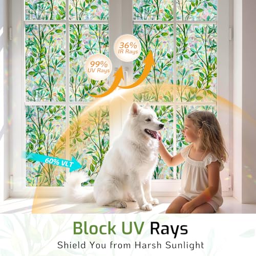 Image of LUTE Stained Glass Window Privacy Film, Leaf Rainbow, 23.6 inch X 78.7 inch | No Glue No Residue, Static Cling Removable Renter Friendly, UV Blocking, for Home Decor Glass Door