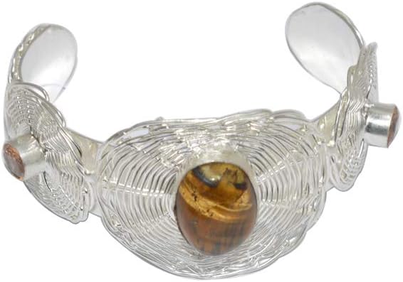 eurasia Handmade Design Oval Shape Tiger Eye Gemstone Silver Plated CZ Cuff Bracelet