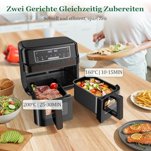Heißluftfritteuse 2 Kammern | 10L Airfryer mit Sichtfenster Zweizonen Temperatur Separat Regeln, 8-in-1 Heissluftfritteuse Doppelkammer Touch-Steuerung Bis 200℃, Air Fryer 2600W Eingebaute Beleuchtung 2