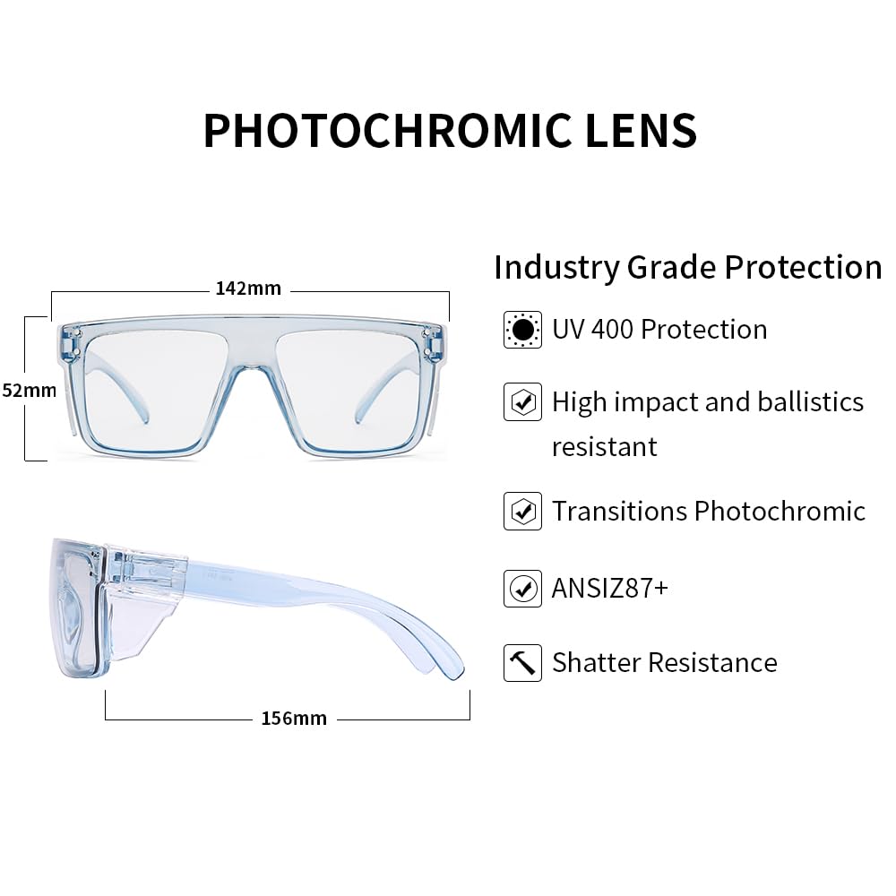 Occhiali di protezione UV400 Transition fotocromatici, lenti di colore grigio chiaro a scuro, ANSI Z87 Impact Approved