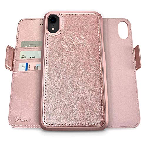Image of dreem Fibonacci 2-in-1 Wallet Case for Apple iPhone XR - Luxury Vegan Leather, Magnetic Detachable Shockproof Phone Case, RFID Card Protection, 2-Way Flip Stand - Rose