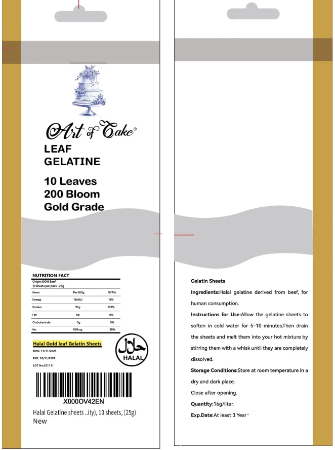 Art of cake® Halal Certified Gelatine Sheets -10 Sheets (20g)