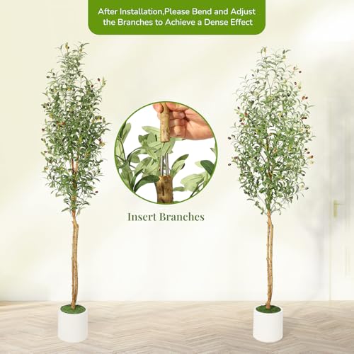 GarveeHome Faux Olive Tree 7ft,Tall Artificial Tree Indoor with 2 Natural Wood Trunks, Fake Plants Potted in White Planter, Floor Plants for Living Room House Decor,2PCS