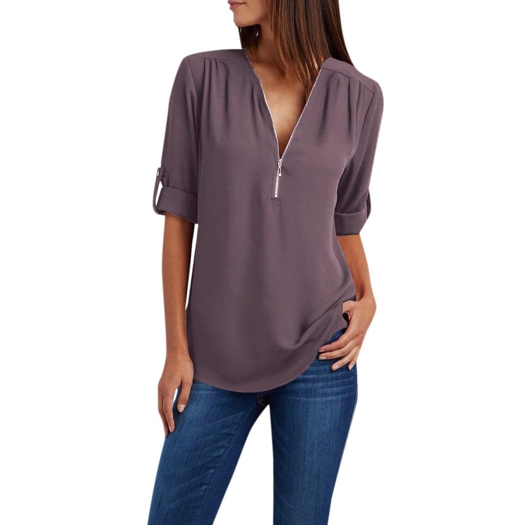 Womens Chiffon Tunic Tops Summer Oversized Tshirts for Women 2024 Long Sleeve V Neck Half Zip Up Shirts Dressy Blouses Casual