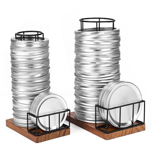 2PCS Mason Jar Lid Organizer & Holder (Wide Mouth & Regular Mouth) Iron Ball Jar Wooden Storage Accessories for Home Kitchen Organization Fit Mason/Canning/Bamboo Lids, Holds 20 Lids & 20 Rings