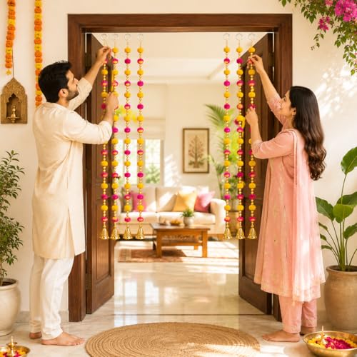 Image of Bindian Pom Pom Beads & Golden Bell Toran for Main Door, Pack of 10 Home Decor Wall Hanging Decoration, Door Hanging Decorative Items, Pooja Room Decor, Festival Decoration