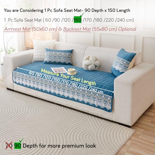 Image of HOKIPO 'BelleLace Series' Imperial Milk Velvet Sofa Cover Mat with Lace Design| Make Your Own Sofa Cover Set, Mat Length 90(D) x 150(L) cm, Celdaon Blue (AR-5965-BL)
