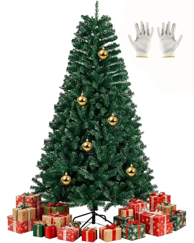 Christmas Trees 6FT/1.8M, 920 Branch Tips Bushy Xmas Tree, Easy to Install Fake Christmas Trees 6 FT, Green Artificial Christmas Tree 6 Foot, with Metal Stand, Gloves, 6 Gold Balls for Indoor, Outdoor