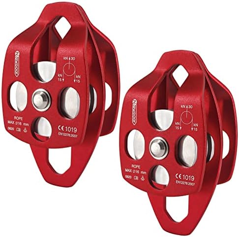 NewDoar 30 KN CE Certified Large Rescue Pulley Double Sheave with Swing Plate for Outdoor Mountaineering Rock Climbing Rescue(Red 2pcs)