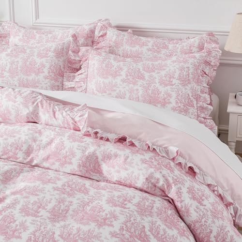 Image of Brandream French Toile Duvet Cover Set Full Size 100% Organic Cotton Bedding Includes Light Pink Toile de Jouy Pastoral Duvet Cover with Zipper Closure & 2 Pillow Shams, 3 Pcs, Extra Soft Breathable