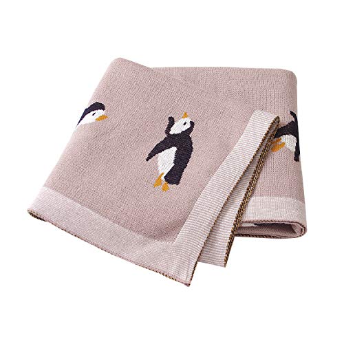 mimixiong 100% Cotton Knitted Baby Blanket Toddler Swaddling Blanket for Newborn Baby with Cute Penguin Pattern Pink Size 30 x 40 inches