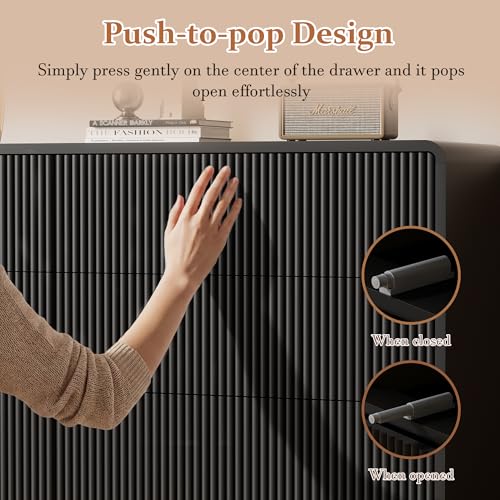 Image of Furniway Bedroom Dresser Set 3 Piece, 6 Drawer Curved Dresser with 2 Nightstands, Modern Fluted Wood Storage Cabinet, White Chest of Drawers with Pop-Up Design, Black