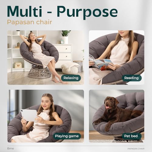 Image of Bme Ergonomic Wicker Papasan Chair with Soft Thick Density Fabric Cushion, High Capacity Steel Frame, 360 Degree Swivel for Living, Bedroom, Reading Room, Lounge, Smoky Quartz - Brown Base