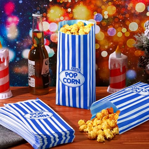 Image of Sherr 500 Pcs 2oz Blue Popcorn Bags Bulk Retro Stripes Disposable Popcorn Bags for Circus Carnival Party Favors Movie Nights Birthday Party Event Supplies Machine Accessories