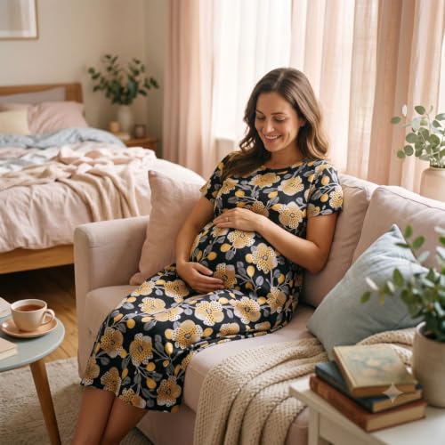 Image of Zero Clothing Feeding Dress for New Moms Casual Loungewear Ankle Length | Cotton Maternity Nighty | Zipless Feeding Dresses for Women | Pregnancy & Nursing Wear