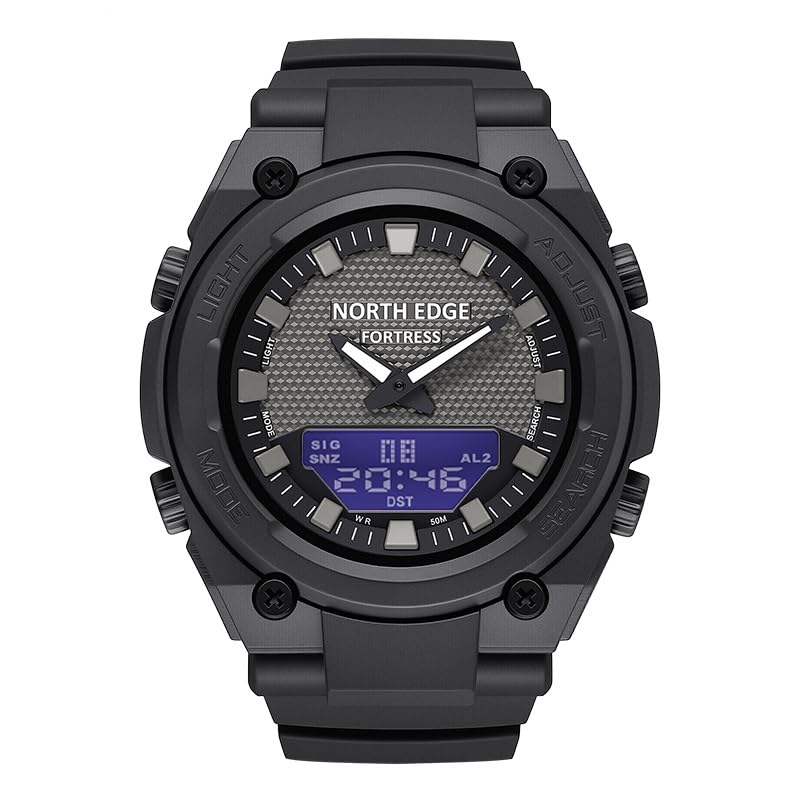Image of NORTH EDGE Fortress Dual-Display Analog Digital Outdoor Watch with Stopwatch, Countdown Timer, World Time 33 Zones, Luminous LED Backlight, Multiple Alarms, 5 ATM Water Resistant, Black Strap