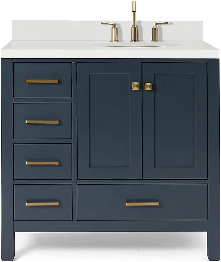Detailed front view of the ARIEL Cambridge 37 Inch Midnight Blue Bathroom Vanity