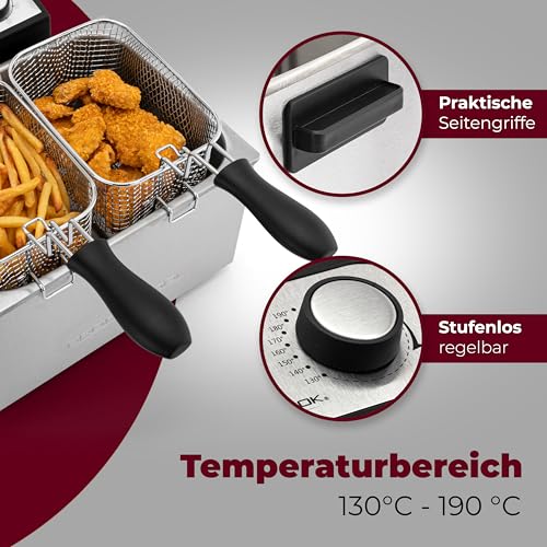 Foto von ProfiCook Doppel-Fritteuse | Fritteuse mit 2 kleinen & 1 großen Korb | Doppelfritteuse mit Kaltzonentechnik | Fryer mit 5L Kapazität und entnehmbaren Edelstahlbehälter | PC-FR 1038