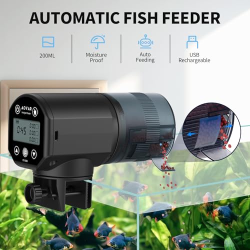 Image of Automatic Fish Feeder Dispenser for Aquarium: Rechargeable Auto Feeders for Tank Turtle Pond Betta - 200ml Smart Food Feeding Timer Dispensers for Flake Pellet Vacation Weekend