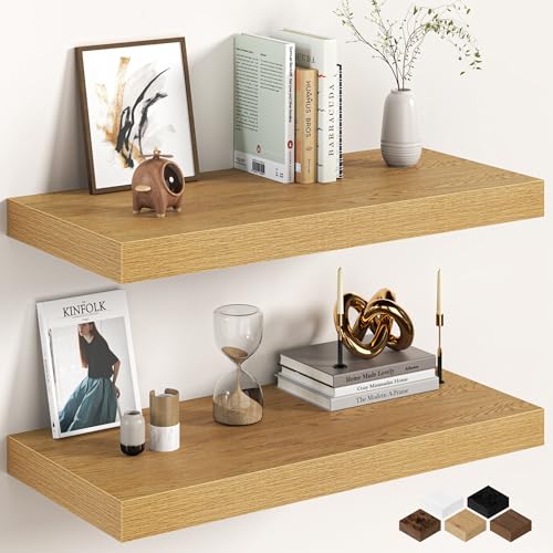 Image of 30Inch Oak Floating Shelves for Wall, 12 Inch Deep Shelves for Bedroom, Kitchen, Bathroom Wall Mounted, Rustic Wood Floating Shelf with Invisible Brackets for Books, Storage, Decor, 2 Packs