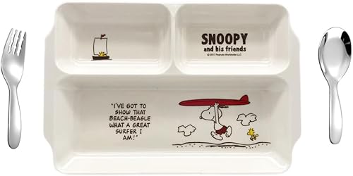 Finex Juego de 3 piezas  Peanuts Snoopy White Dog Melamina Resina Niños Platos de Comida Alimentación Comida Compartimentos Divididos Plato de