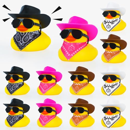 12 Pcs Rubber Ducks with 4 Colors Cow-boy Hat,Squeaky Ducks for Jeeps Ducking Car Dashboard,Kids Bath Toys Party Favors Ducks with Mini Paisley Bandanas and Sunglasses