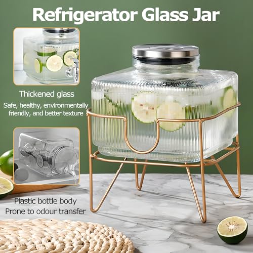 Getränkespender aus Glas mit Zapfhahn und tropffreiem Zapfhahn, ideal für Wasser, Limonade, Saft, Eistee, für den Kühlschrank