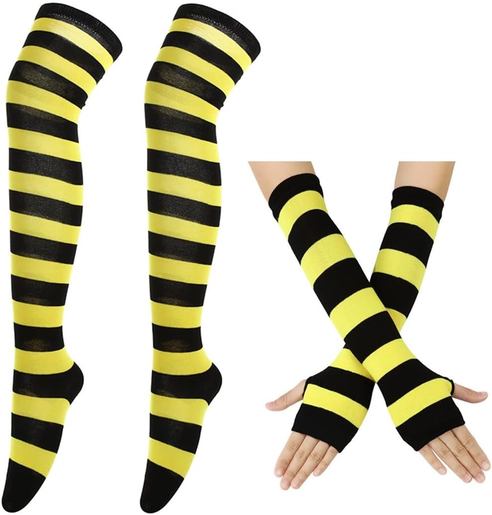 Women's Striped Over Knee Thigh High Socks, Arm Warmer Fingerless Gloves Set for Halloween Christmas