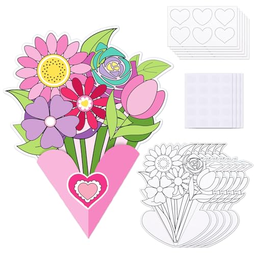 MoDooris 48 Pack DIY Paper Heart Bouquet Kit Valentine’s Day Flower Craft Set Color Your Own Paper Floral Blank Bouquets with Heart Cutouts for DIY Decoration, Gift Making, Valentine Present