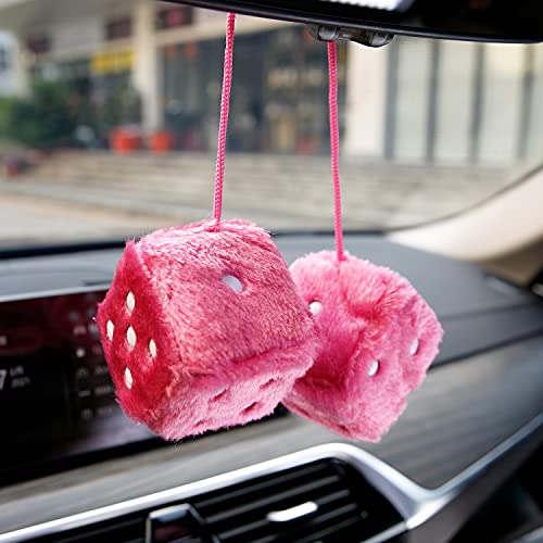Ygmoner Pair Of Retro Square Mirror Hanging Couple Fuzzy Plush Dice With Dots For Car Decoration (Pink) #TOP2