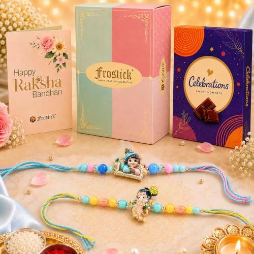Image of Frostick Kid's Rakhi Gift Set - 2 Little Krishna and Hanuman Rakhis, 1 Celebrations Chocolate Pack, Roli Chawal, Greeting Card | Perfect Raksha Bandhan Chocolate Combo for Brother