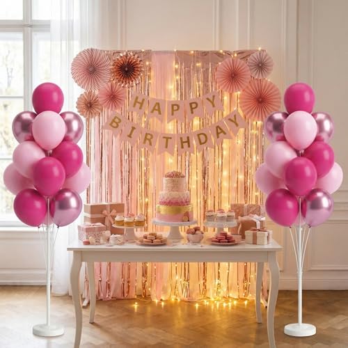Image of Pink Balloon Column Kit Floor Set of 2-Balloon Tower Stand Sticks with Water Base&Pole,Balloon Pillar Backdrop For Baby Shower Graduation Retirement Engagement Tea Casino Party Decor